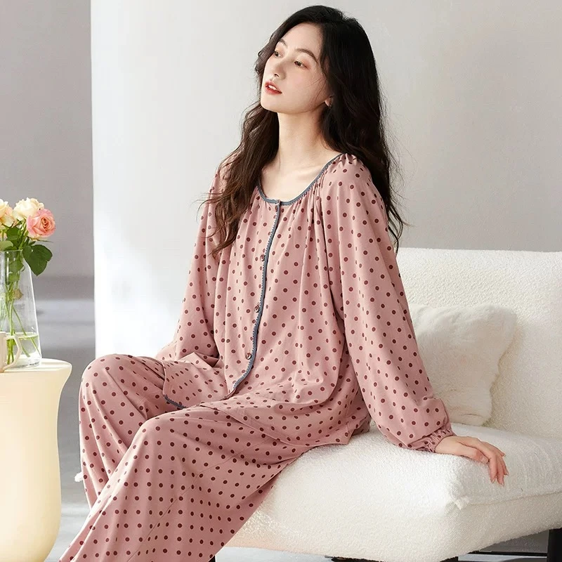 春秋季新款纯棉长袖睡衣女士甜美风圆点开衫家居服可外穿全棉套装