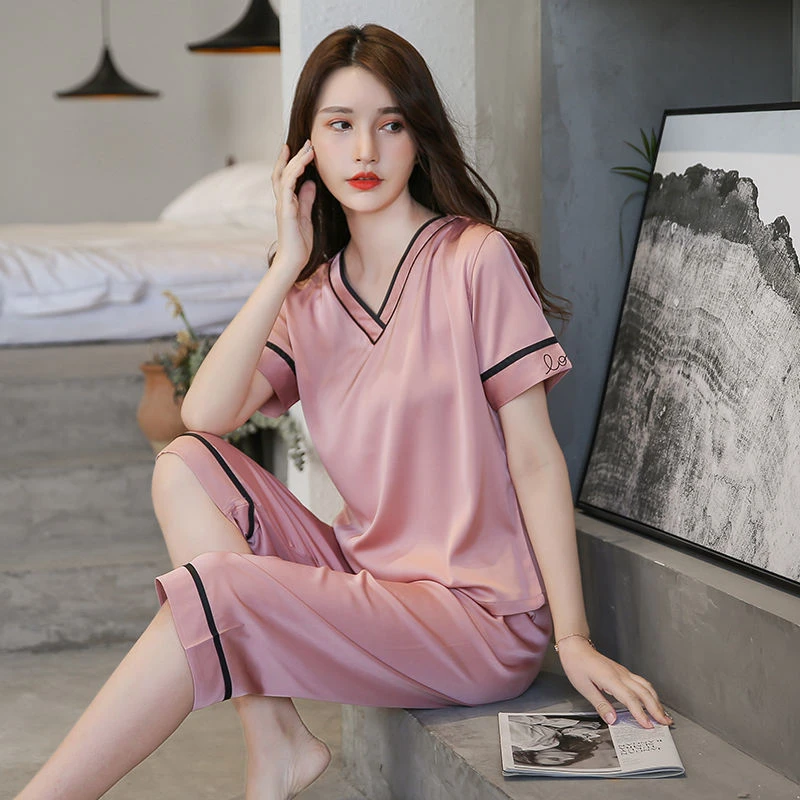 睡衣女夏季冰丝七分裤夏款短袖女士套装夏天丝绸高级感新款