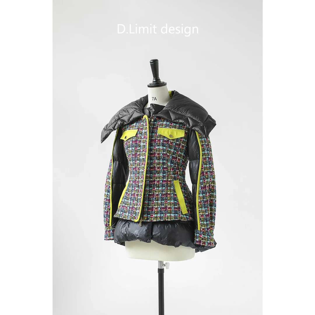 设计款拼接花色格子收腰大翻领鹅绒服