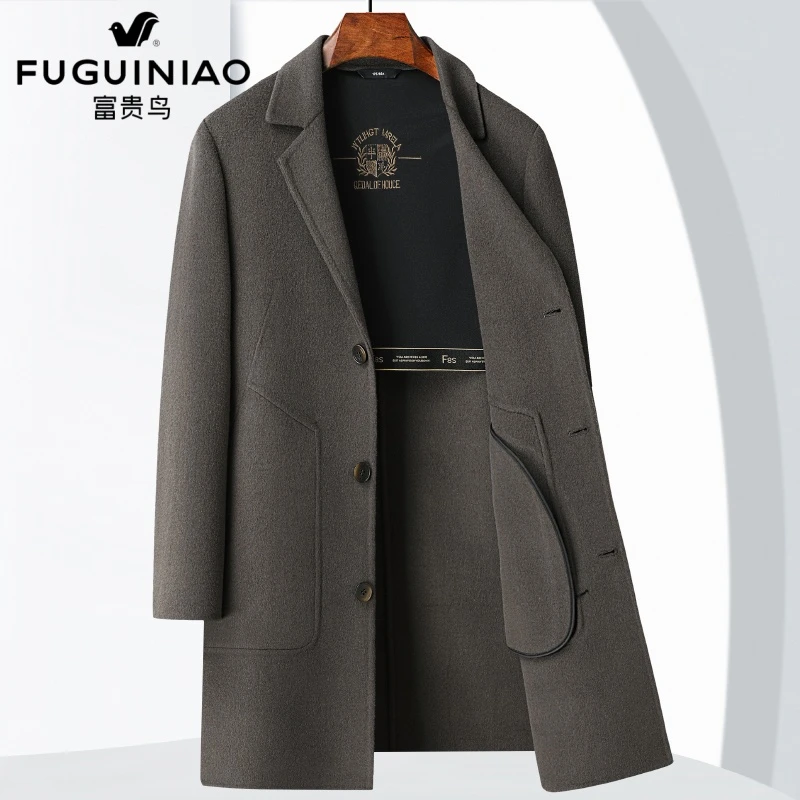 富贵鸟秋季新款休闲绅士双面呢中长款大衣棉羊毛商务呢子男外套