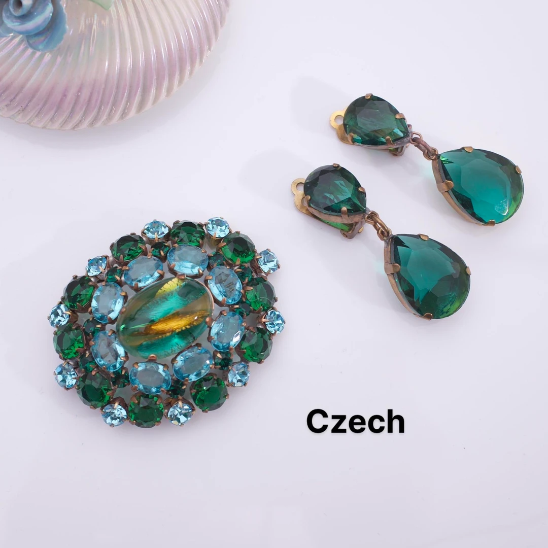 合金仿水晶耳饰 中古首饰合集51-100手工时尚绿色饰品复古古风