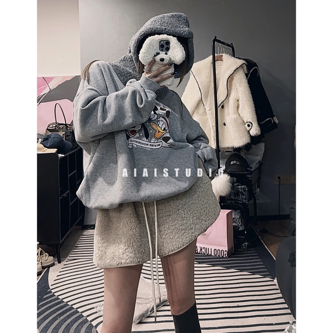 清仓不退换AIAI【哈哈卫衣】加绒加厚冬季卫衣套头卡通图案慵懒上衣