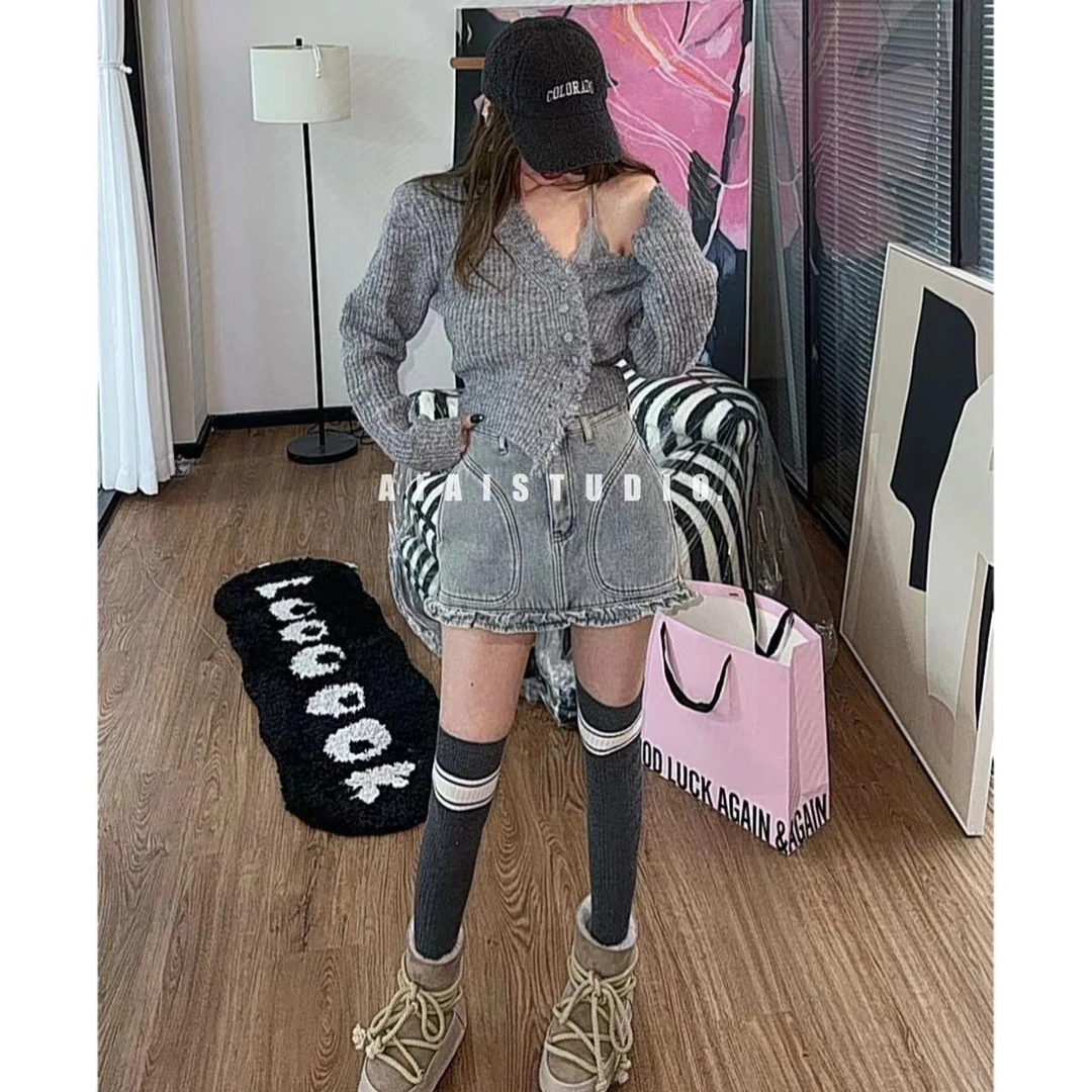 AIAI【多扣毛衣】不规则垫肩百搭多种穿搭毛衣开衫V领冬季毛边上衣