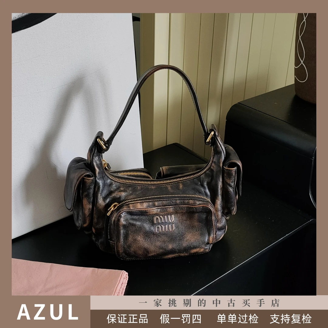 95新 MIU MIU/缪缪 AZUL-23s做旧羊皮机车hobo手提包 33965气质