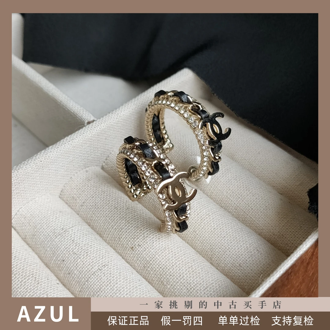 99新 Chanel/香奈儿 Azul-皮穿链碎钻耳圈耳环 31831气质百搭经典