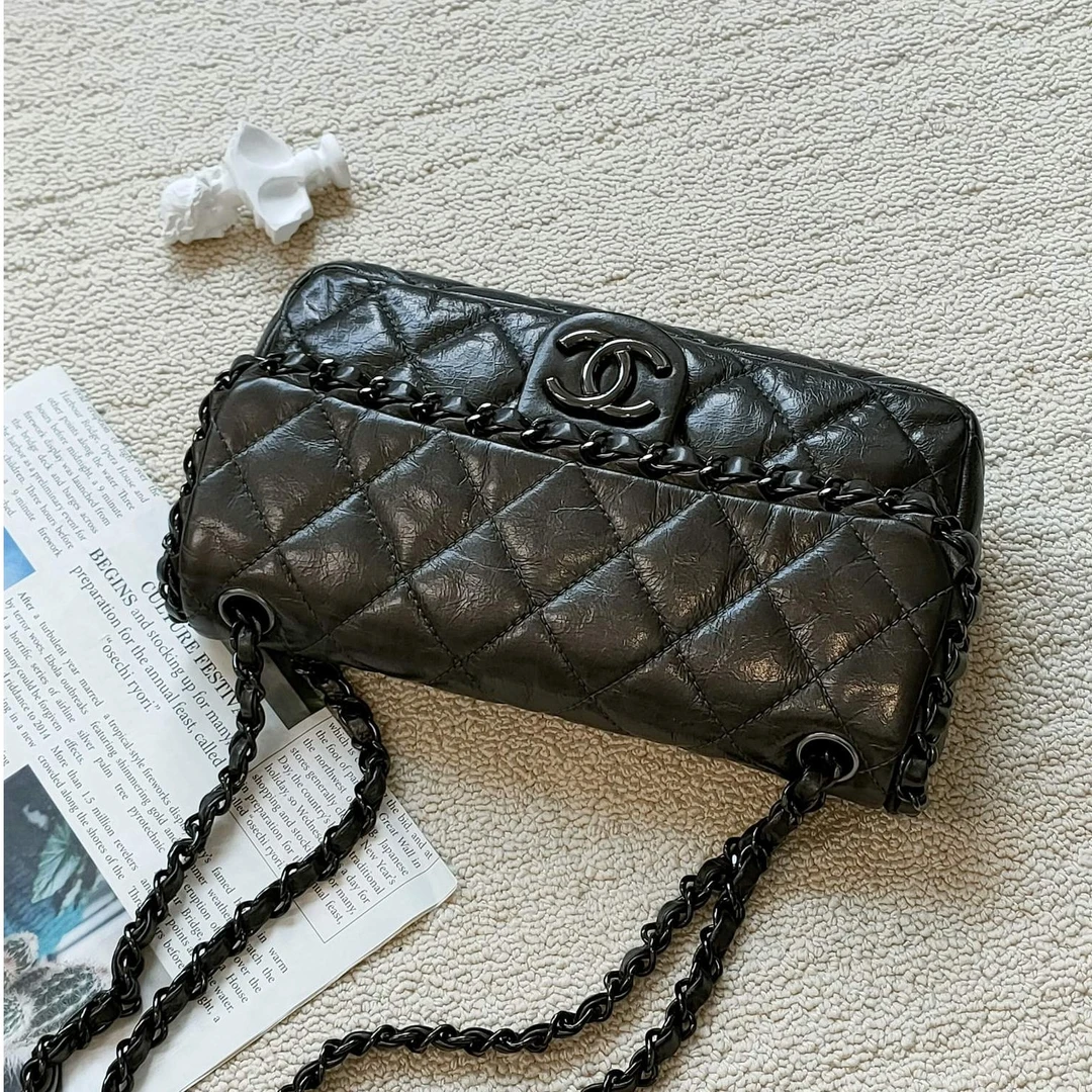 95新 Chanel/香奈儿 Azul中古-深灰油蜡皮CF小号包边链条包22313