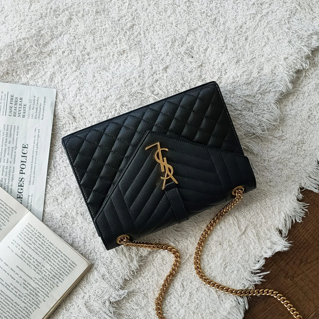 95新 YSL/圣罗兰 Azul-YSL 黑金荔枝皮envelope中号单肩包 34607