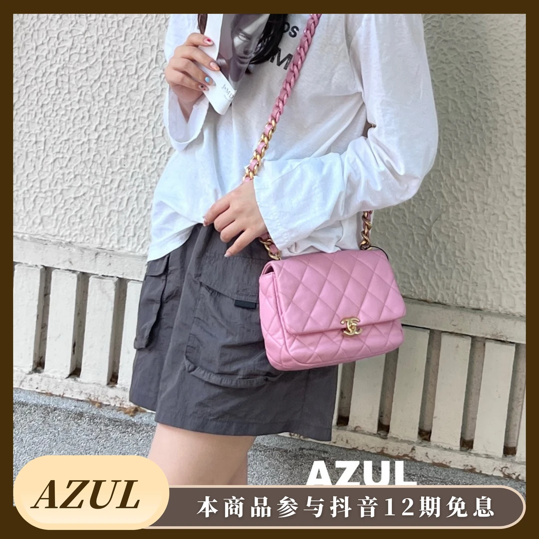 95新 Chanel/香奈儿 免息Y-22S粉色拼接粗链条包30040轻奢时尚