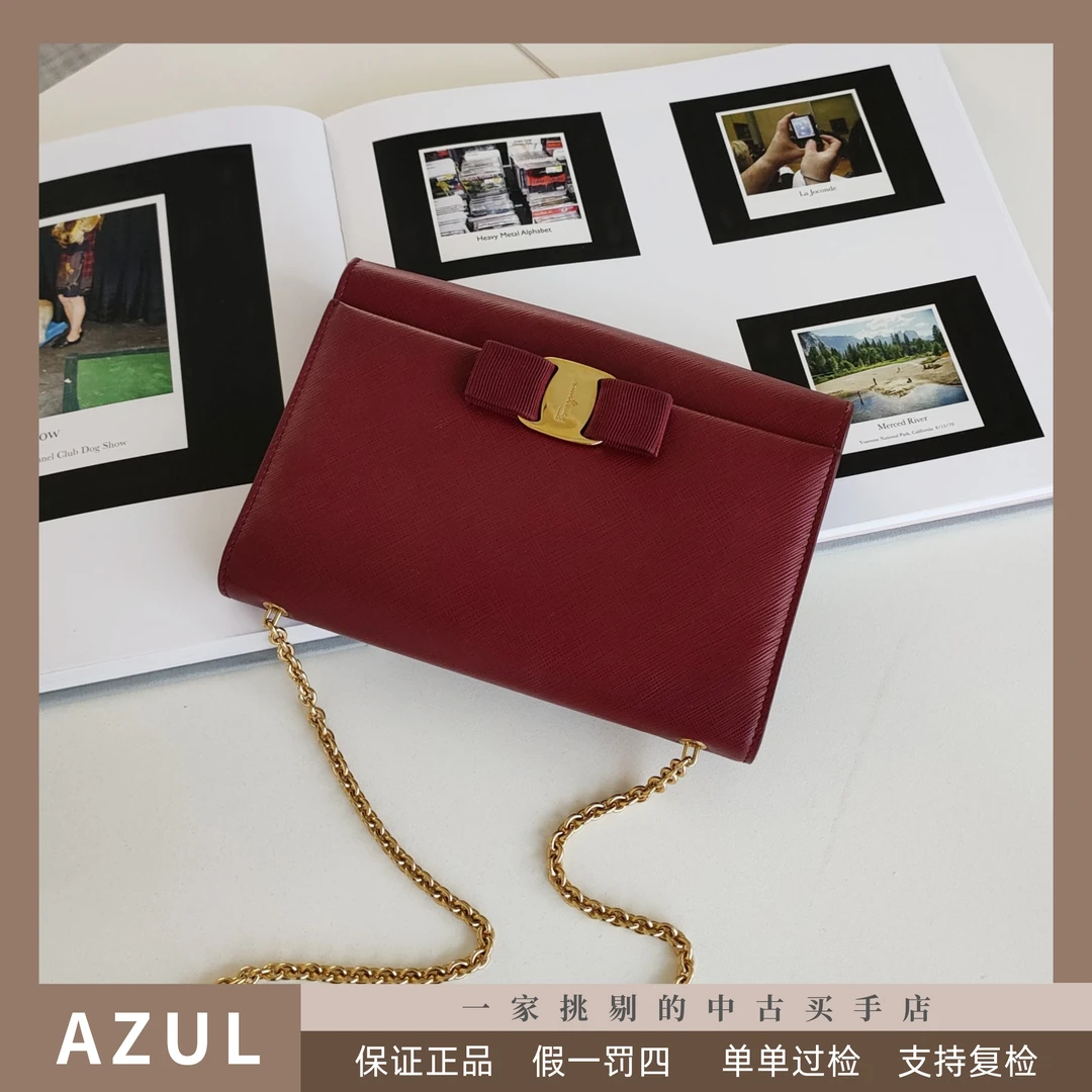 95新 FERRAGAMO/菲拉格慕 Azul- 红色牛皮金扣蝴蝶结链条包 32734