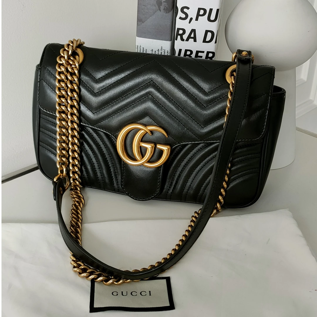 95新 GUCCI/古驰 Azul-黑金牛皮marmont马蒙中号单肩包 34324