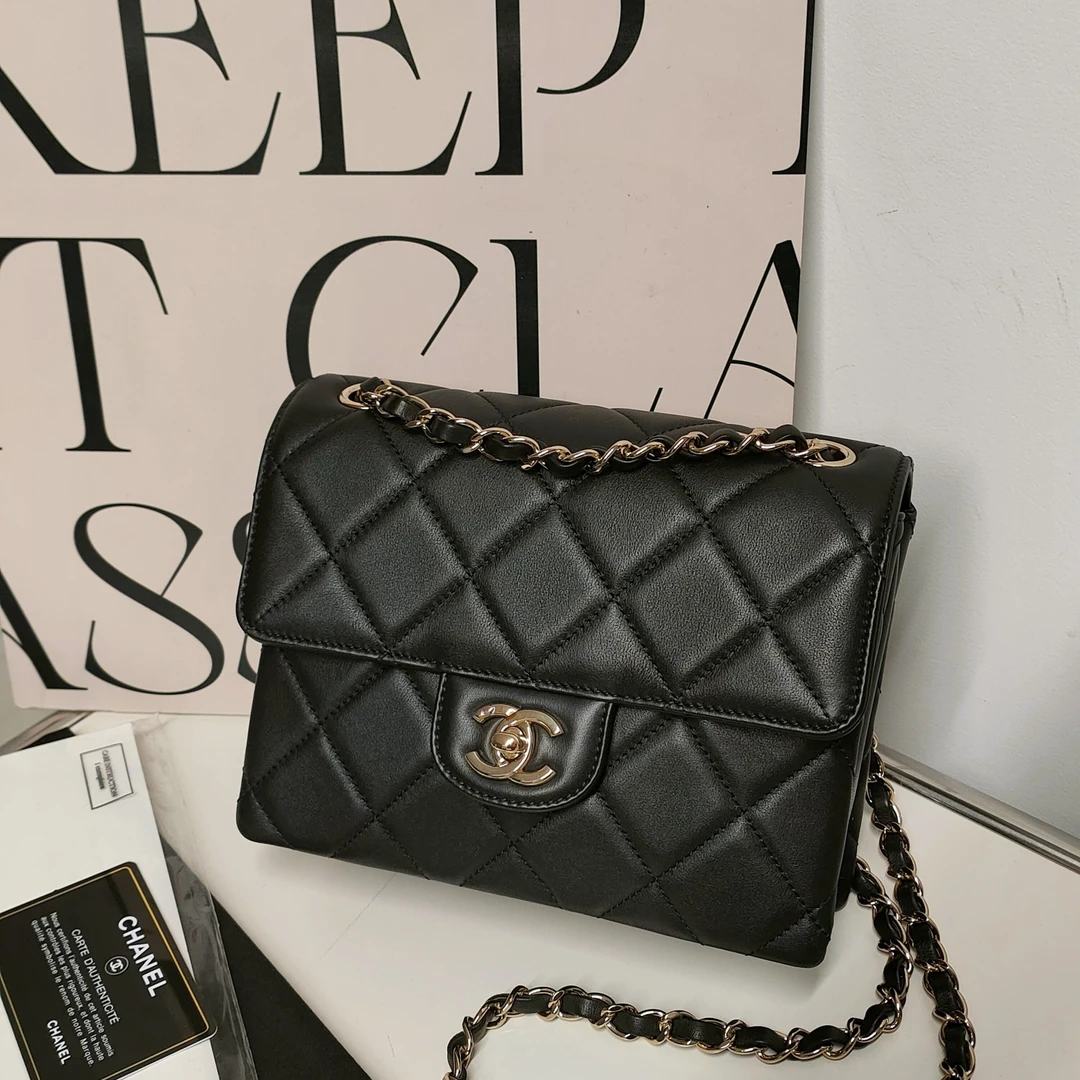 95新  Azul中古-Chanel 黑金牛皮方胖子斜挎单肩包24333
