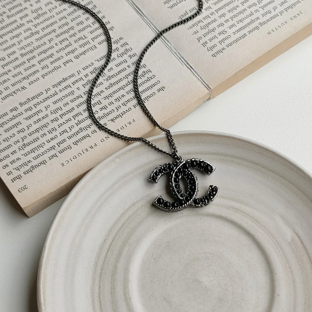 95新 Chanel/香奈儿 Azul-Chanel枪灰色黑珠双C项链35854气质经典