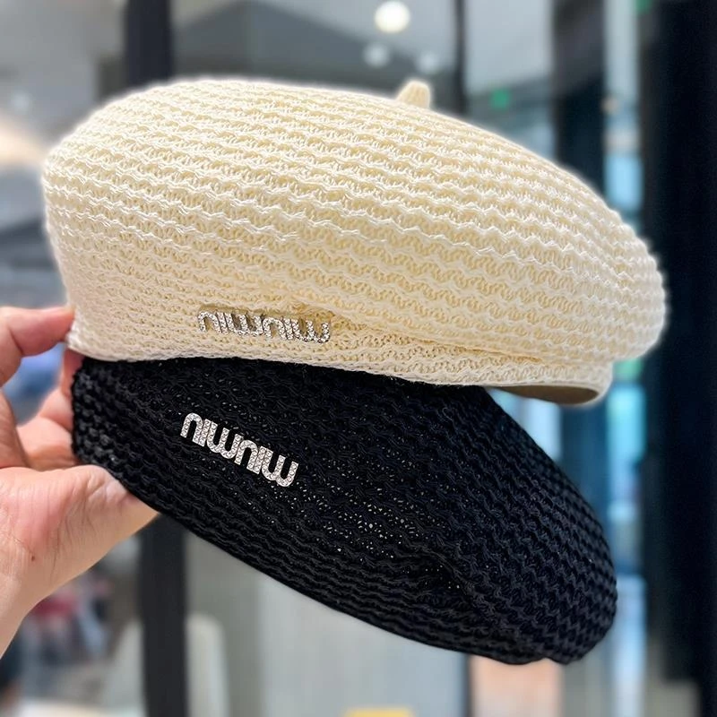 潮牌水钻贝雷帽女夏秋季钩针定型蓓蕾帽子网红款百搭显脸小画家帽
