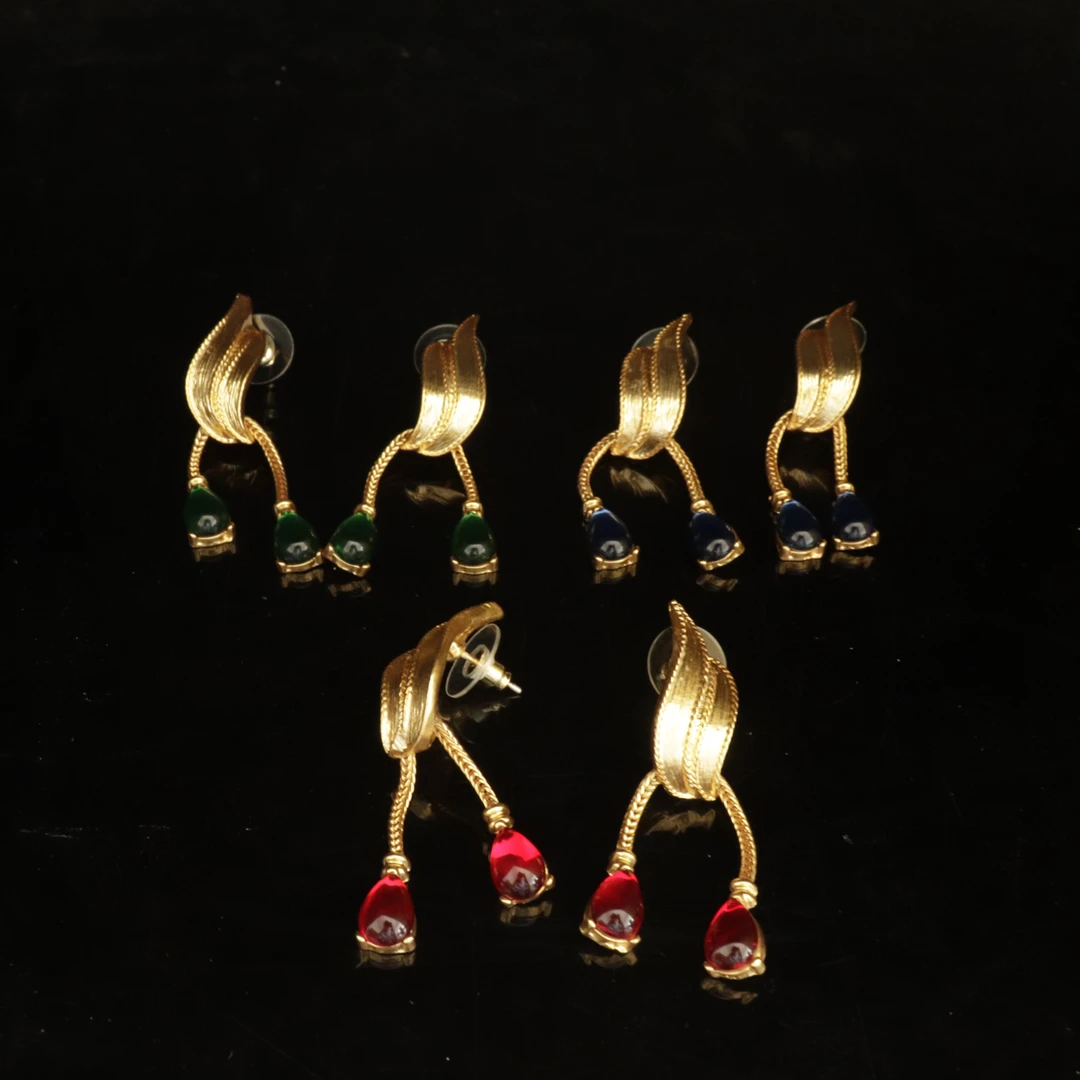 合金玻璃耳饰 中古复古ES水滴小流苏款金色耳钉