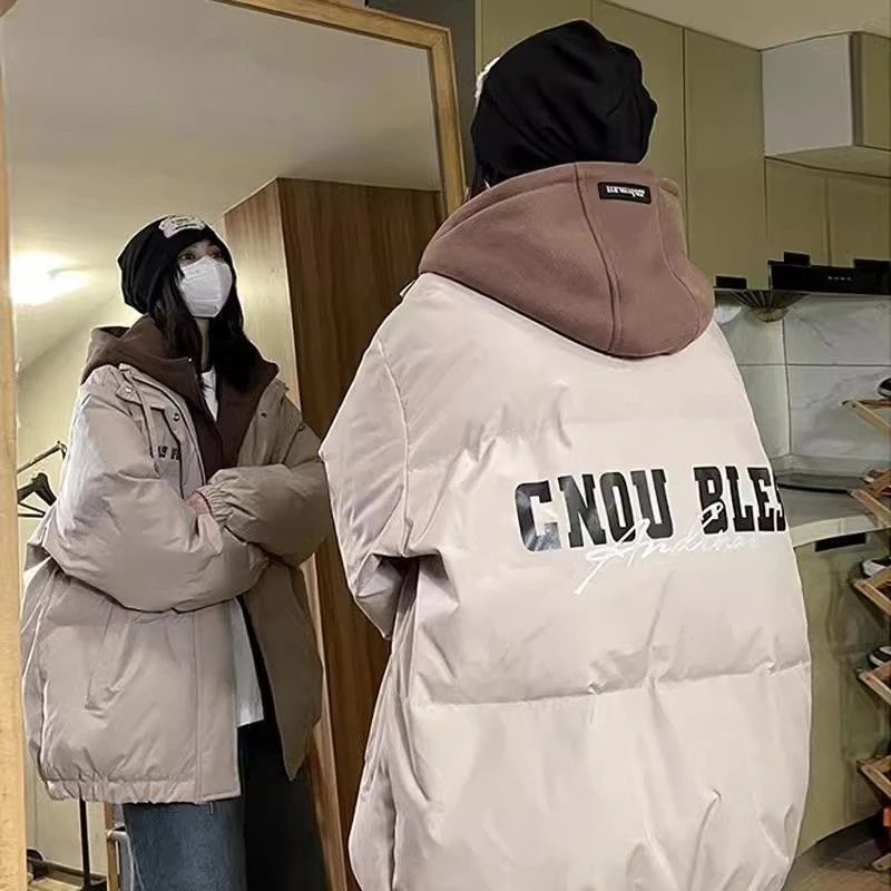 加厚美式高街oversize羽绒服女冬季新款学生假两件加厚保暖休闲女