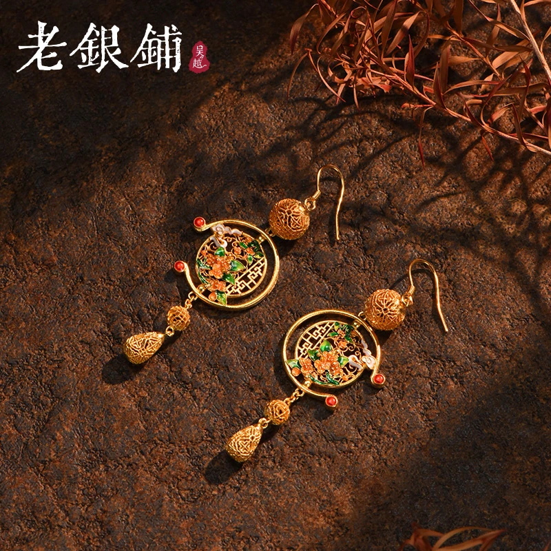吴越老银铺 足银珐琅耳饰 999足银锦桂魄耳环复古国风银耳饰长款