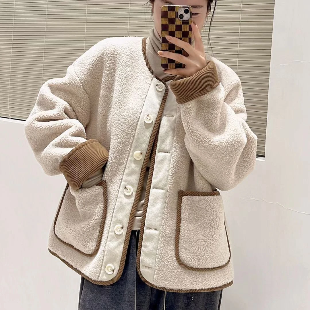 2025冬拼接毛毛外套女韩版休闲宽松保暖外穿皮毛一体颗粒毛毛上衣