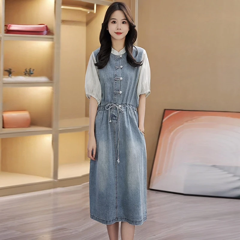 欧货爆款洋气减龄拼接牛仔衬衫连衣裙女24夏季新款时尚显瘦中长款