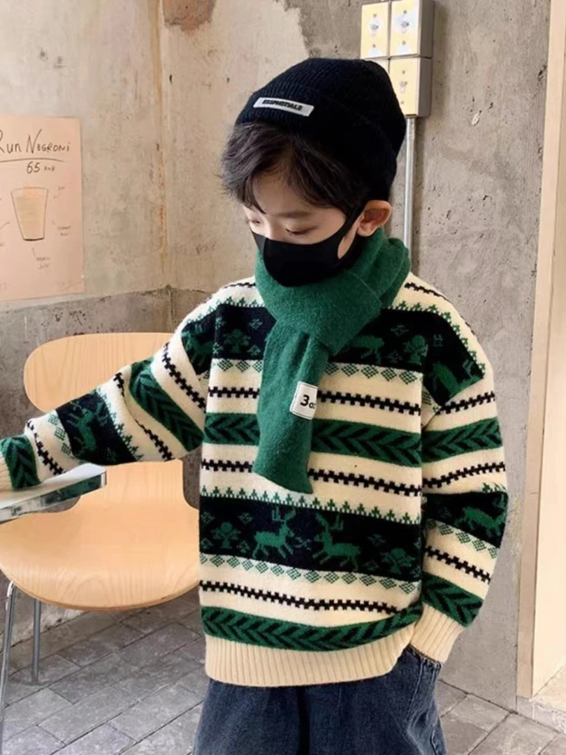 儿童毛衣加厚款男童小孩韩版洋气条纹中大童男孩男童小孩毛衣