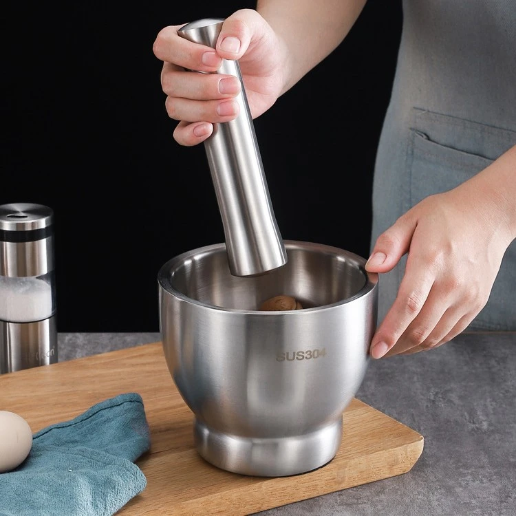 304不锈钢捣蒜器特厚擂钵实心捣碎罐家用老式研磨器捣药罐蒜臼子