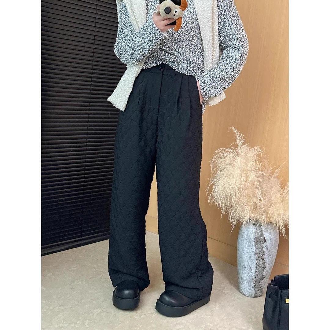 【70.St】欧货宽松百搭设计感菱形格长款阔腿裤9178黑色