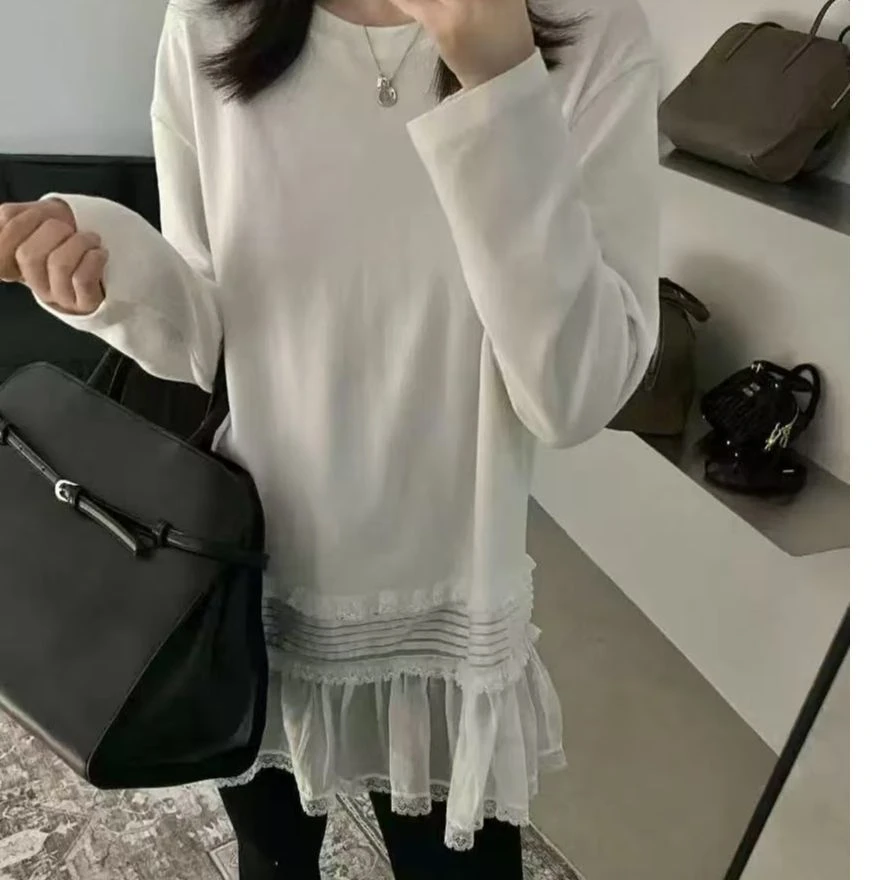 拼色蕾丝长袖T恤5578白色