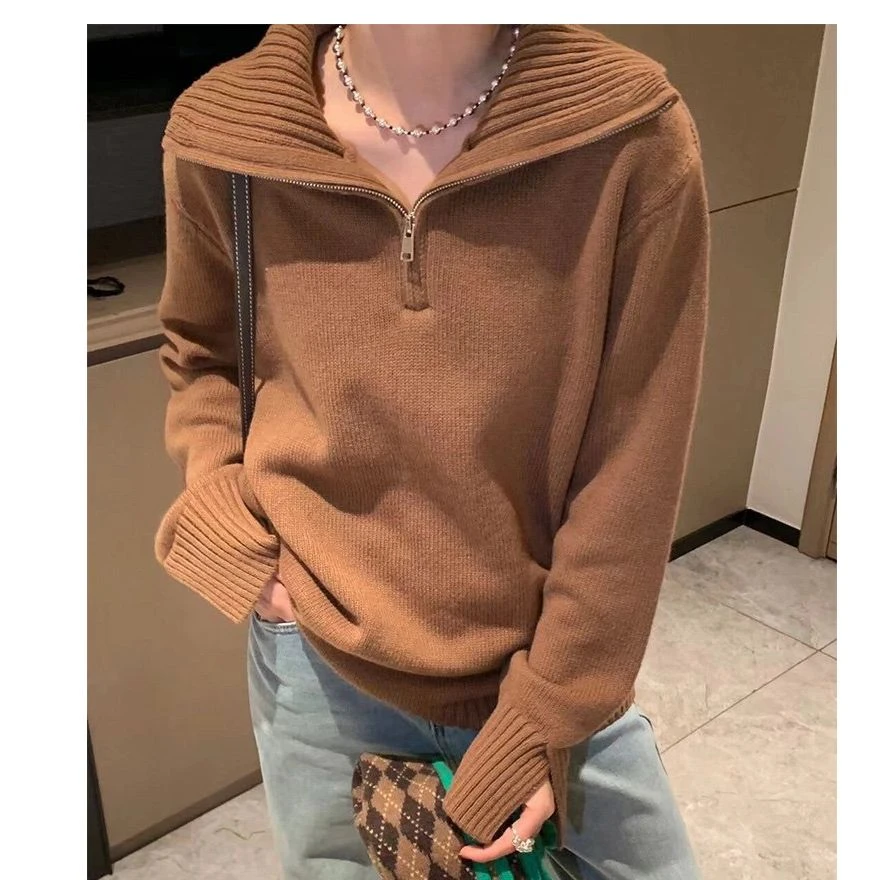 半拉链净色高领毛衣248040深驼