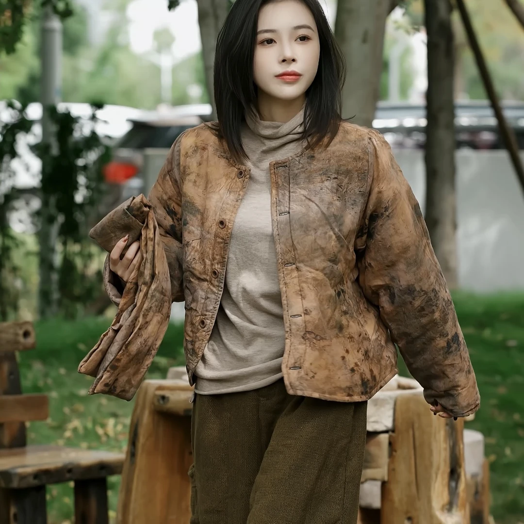 QUEYISE/缺一色缺一色2023新款原创渲染短棉衣8574长袖复古立领