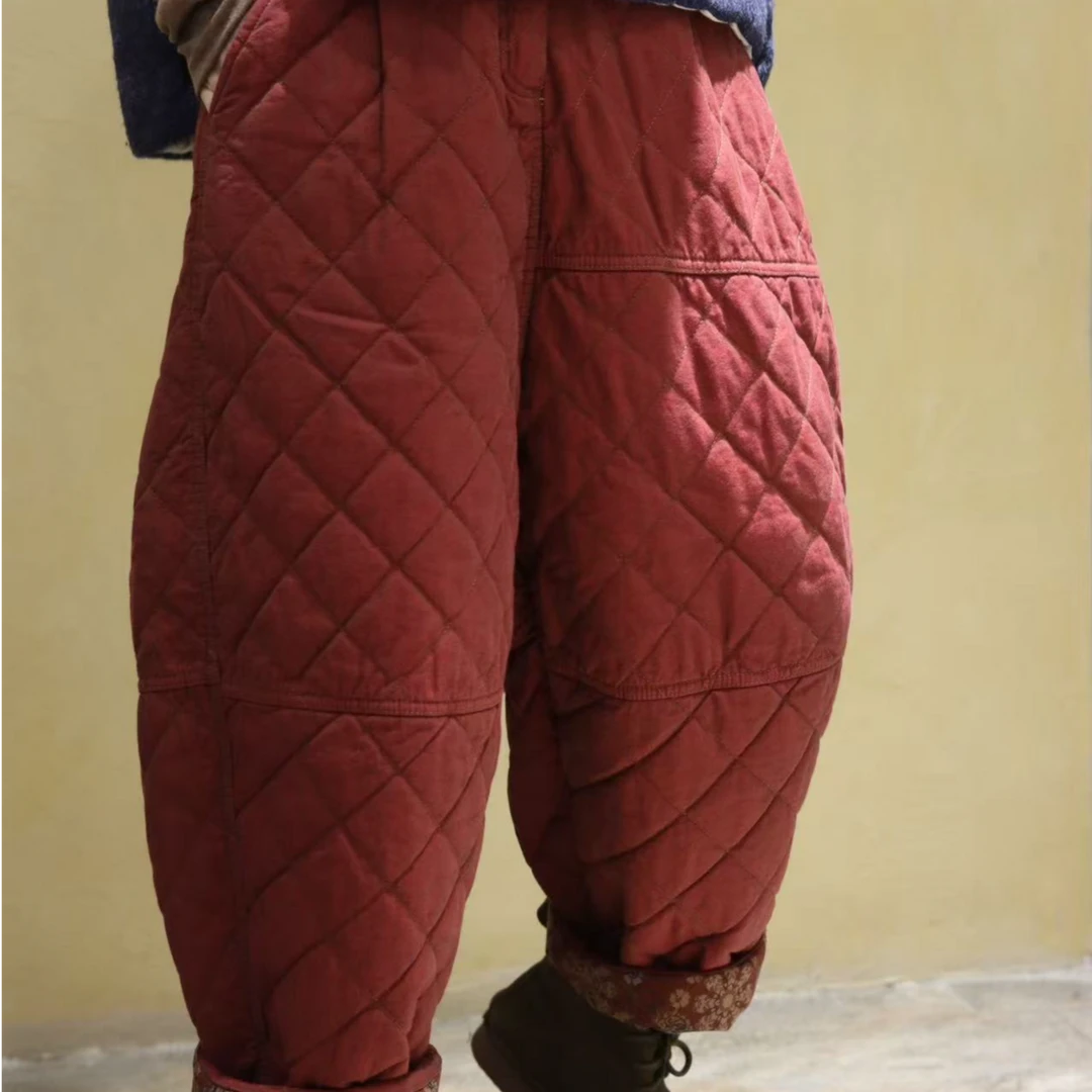 2024秋冬新款色织小菱格体闲棉裤2411026休闲格子冬季宽松时尚