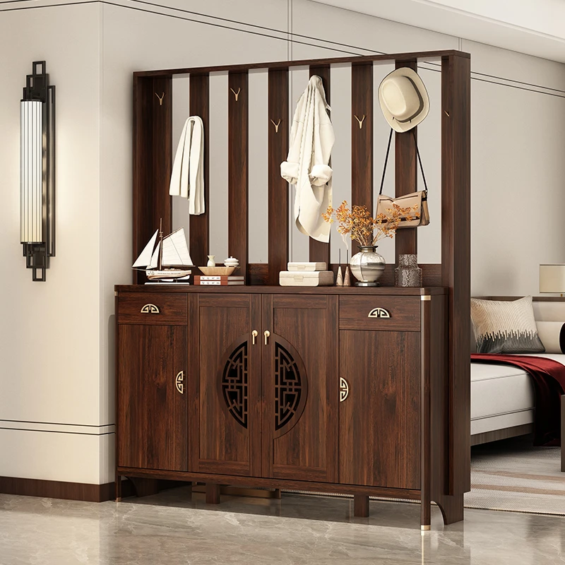 新中式实木色鞋柜家用门口大容量加厚隔断柜带衣帽架玄关柜门厅柜