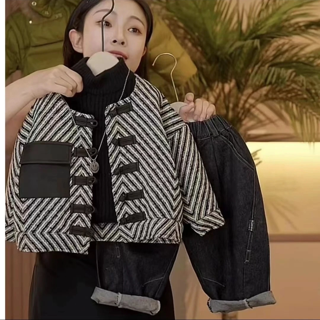 国风高档小香风开春外套儿童2023新款春秋款气质条纹上衣帅气潮款