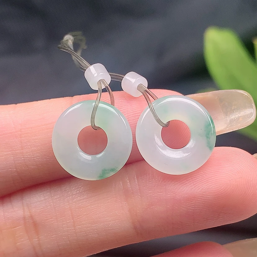 天然A货缅甸翡翠耳坠耳环耳饰甜甜圈耳线冰胶飘绿13.6-2.5