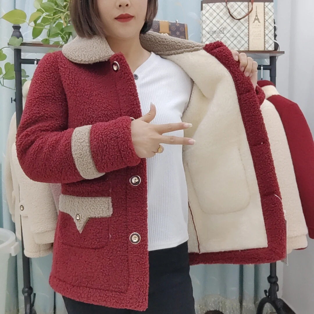 圆领双色秋冬时尚加绒加厚外套妈妈装大衣毛毛外套