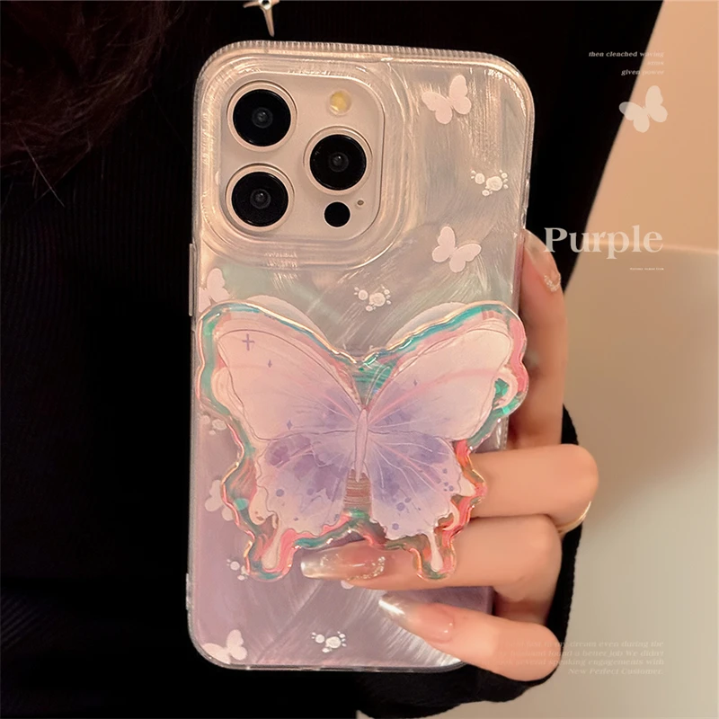 紫粉立体蝴蝶适用iPhone15苹果13promax手机壳12小众14日韩11可爱
