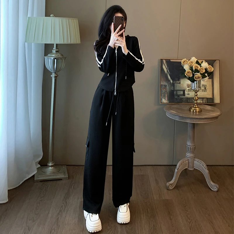 条纹休闲运动服套装女春秋黑色修身显瘦时尚洋气卫衣阔腿裤两件套