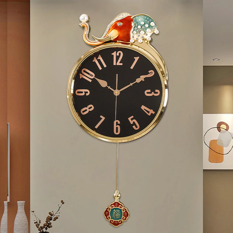 珐琅彩大象轻奢挂钟客厅家用创意钟表时钟时尚新中式中国风挂墙