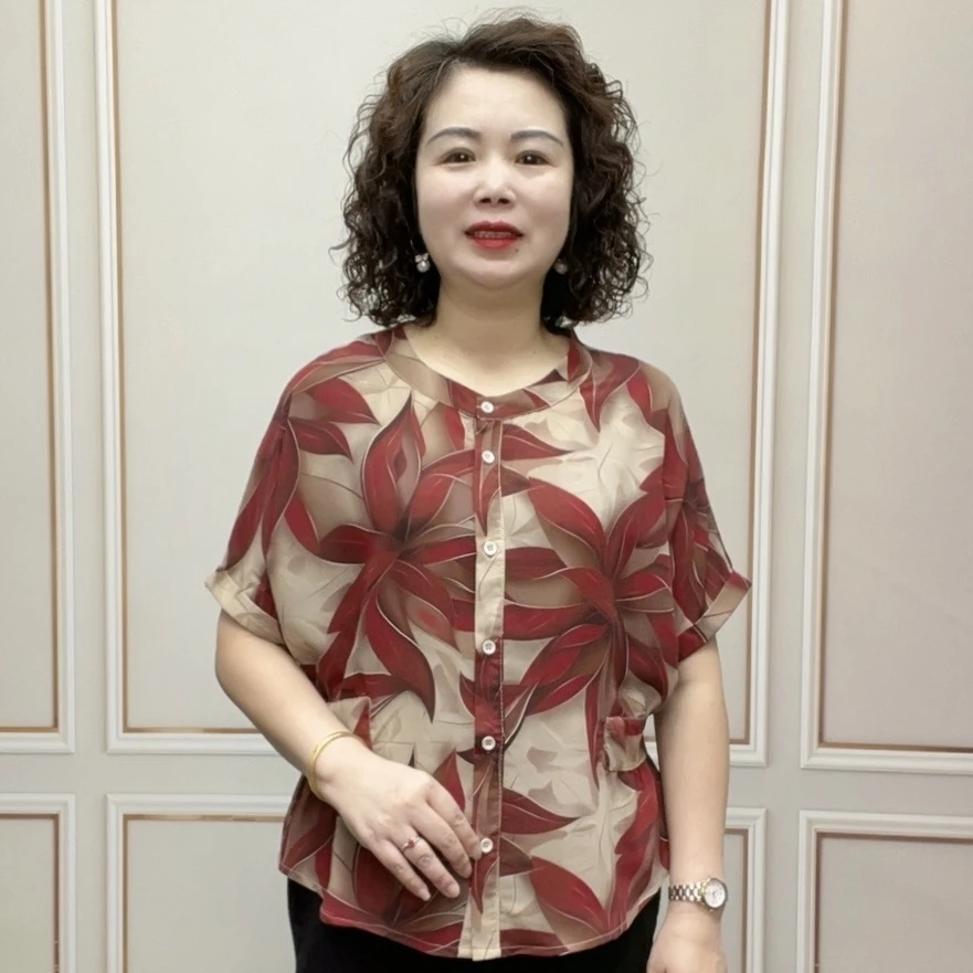 2024夏季时尚新款洋气减龄宽松薄款气质显瘦遮肚百搭短袖妈妈装