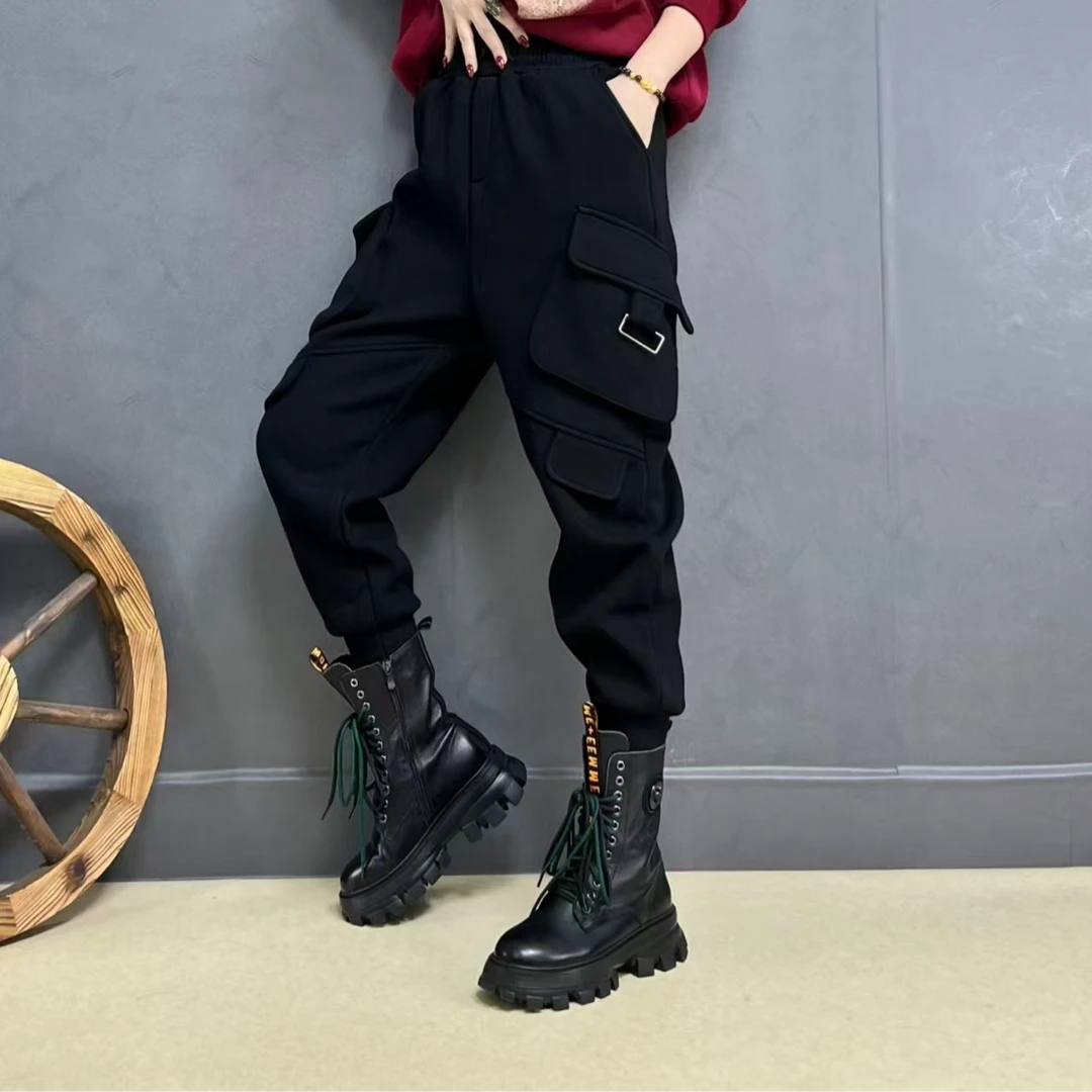 红人上新 加绒显瘦百搭口袋工装裤全松紧腰个性小哈伦黑色裤子