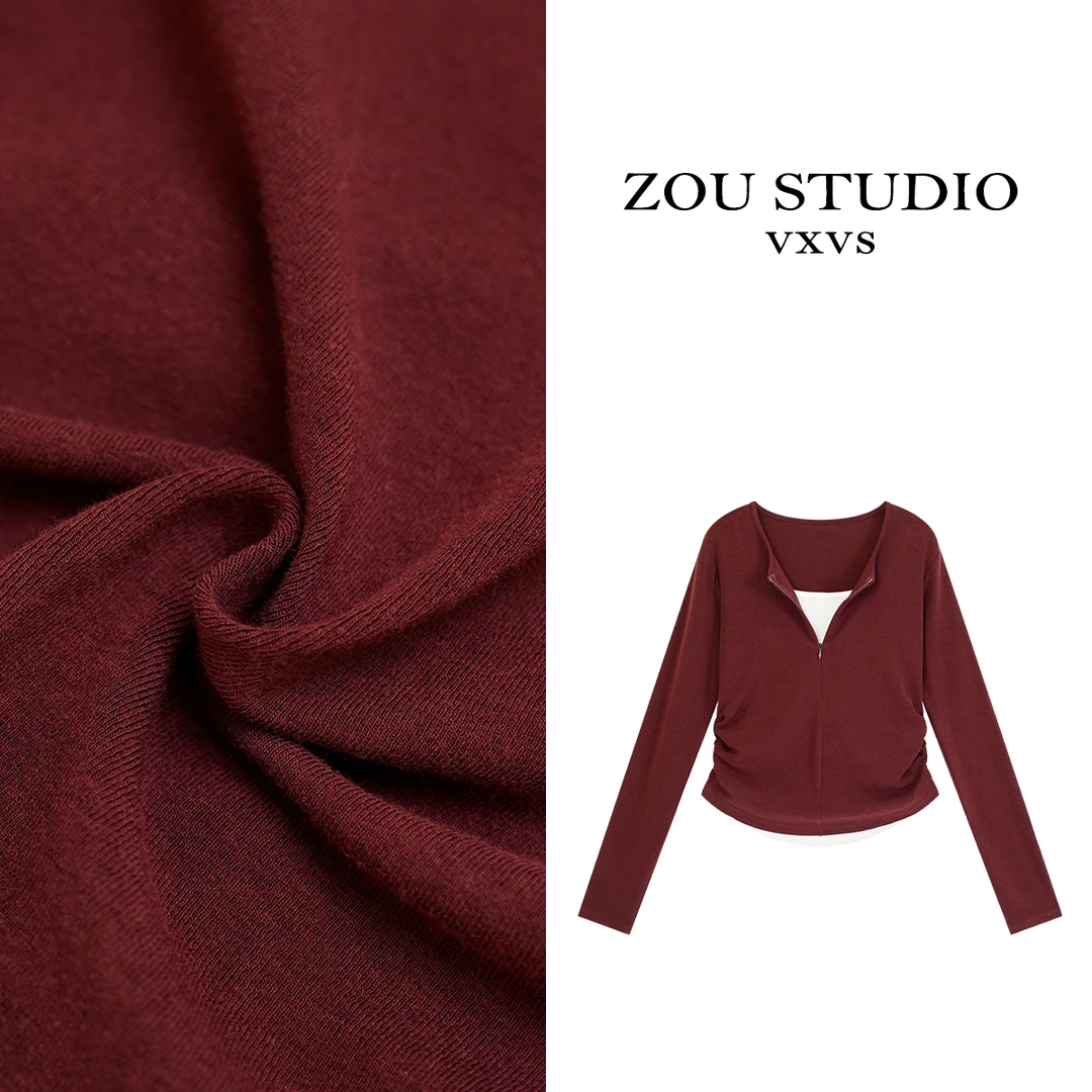 ZOU STUDIO【VXVS】褶皱假两件 新款显瘦假两件拼接长袖T恤9697