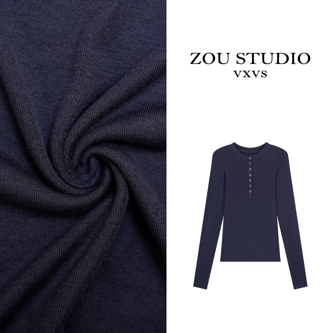 ZOU STUDIO 【VXVS】英伦纸片人 百搭纯色半扣领显瘦长袖T恤0121