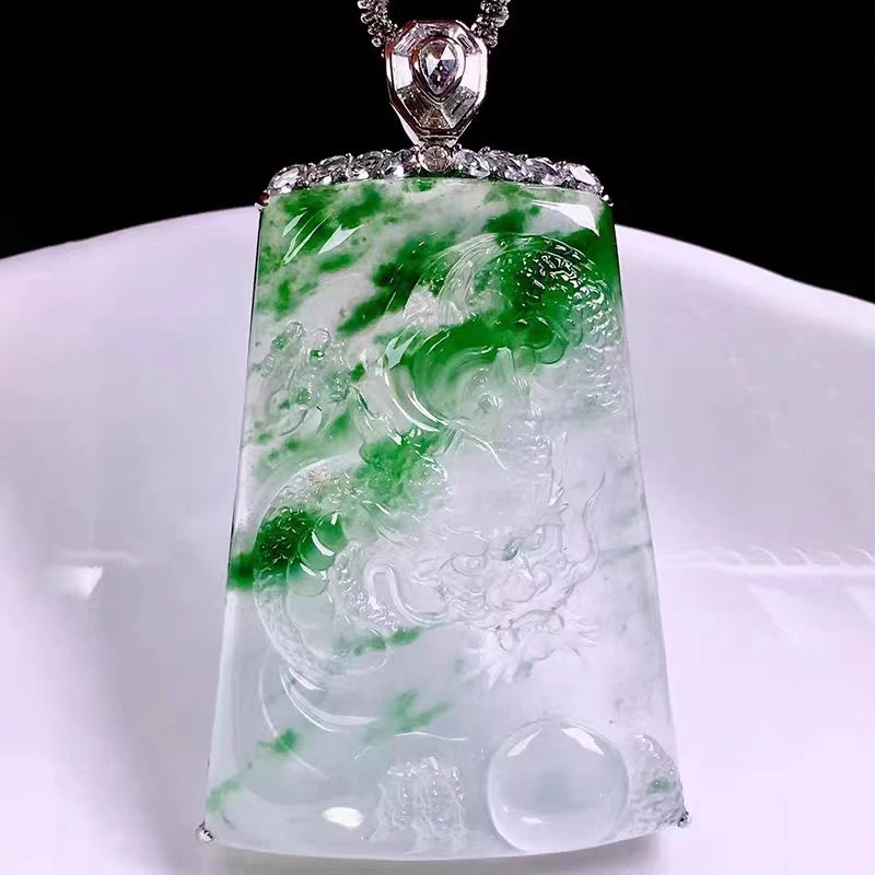 (防拍链接) 缅甸天然A货翡翠雕刻冰透绿色镶嵌飘绿精美冰阳绿