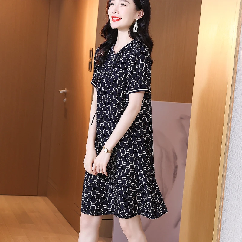 桑蚕丝冠乐绉连帽宽松休闲印花短袖气质中长裙子小个子连衣裙女