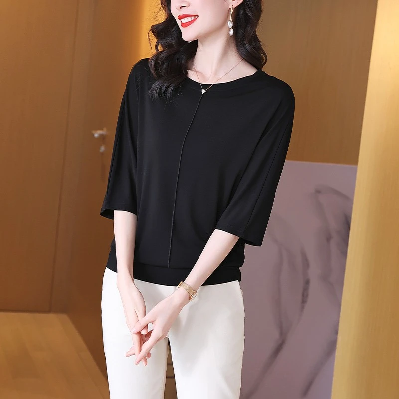 桑蚕丝加捻纯色真丝针织衫设计感圆领蝙蝠袖七分袖上衣3513