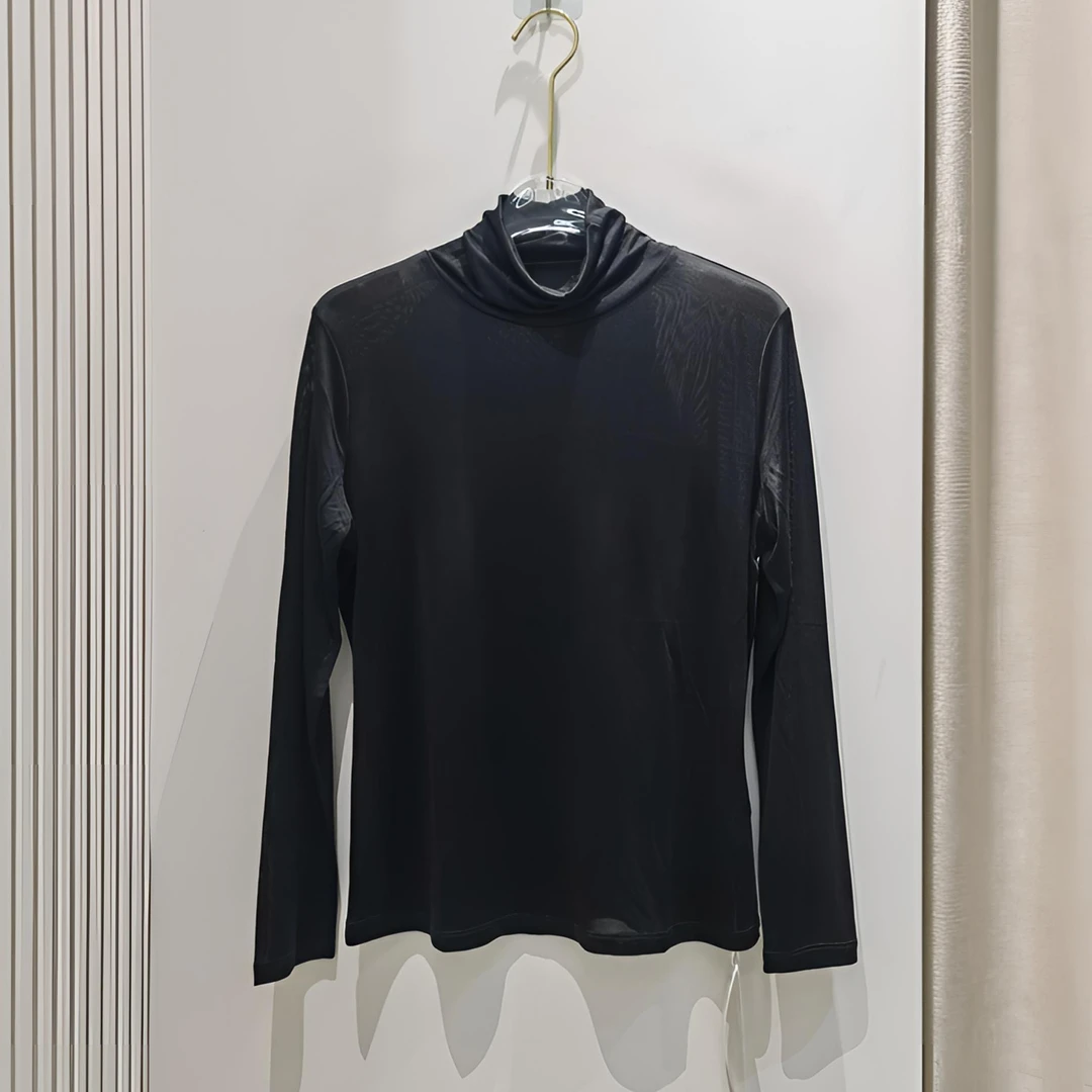 桑蚕丝堆堆领长袖T恤女真丝针织高领黑色薄款修身打底衫上衣3888B