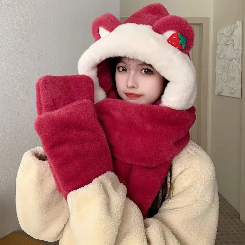 冬季三件套帽子围巾手套加绒加厚毛绒韩版防寒保暖护耳百搭时尚