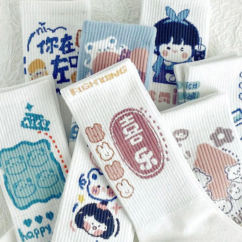 卡通可爱袜子女中筒袜秋款ins潮韩版日系学生运动白色秋冬季长袜