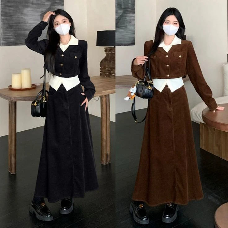 胖颖专属大码秋季新款复古短款外套+背心+显瘦半身裙三件套9035