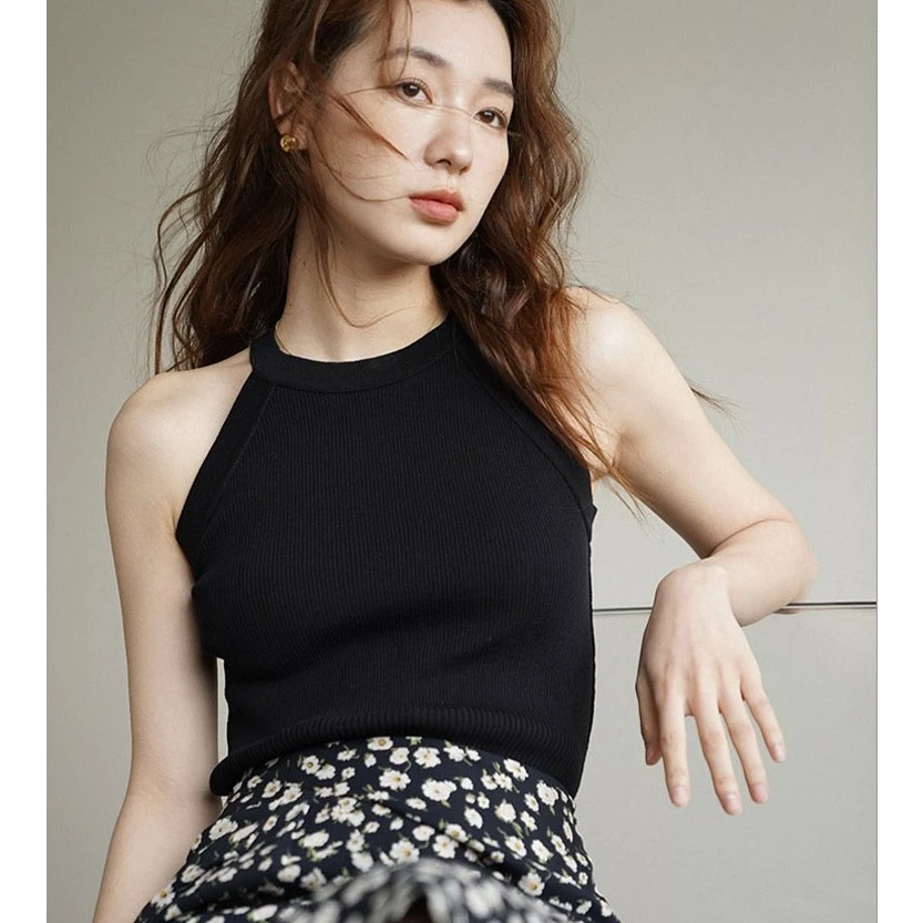776精致法式挂脖女背心打底一体杯运动瑜伽夏季修身显瘦纯色吊带