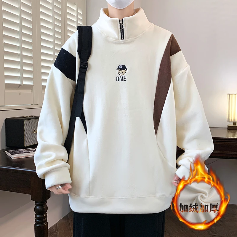 加绒加厚卫衣男青少年双面澳粒绒保暖高领白色长袖初中生潮牌冬装