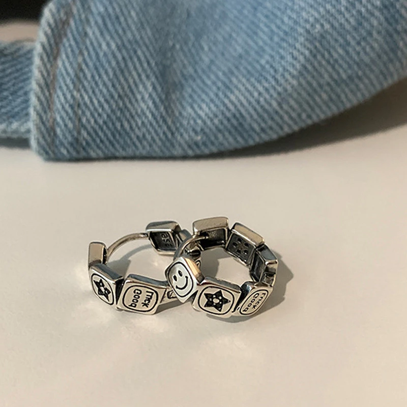 做旧方块笑脸耳环女ins2025年新款小众设计简约个性气质耳钉耳饰